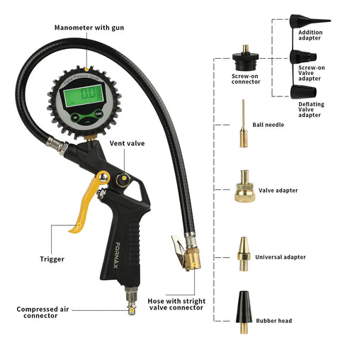 Essential Heavy Duty Compressor Accessory Kit Loaded With A Digital Tire Inflator Sharp Pressure Gauge blow gun and adapters.