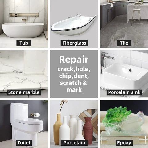 Visual guide showing applications of Color Match Tub And Fiberglass Shower Repair Kit for porcelain sinks and acrylic bathtubs.