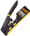 Pro Grade Pass Through Crimping Tool For RJ45 RJ12 RJ11 Connectors with yellow handles and pass-thru blade, side view