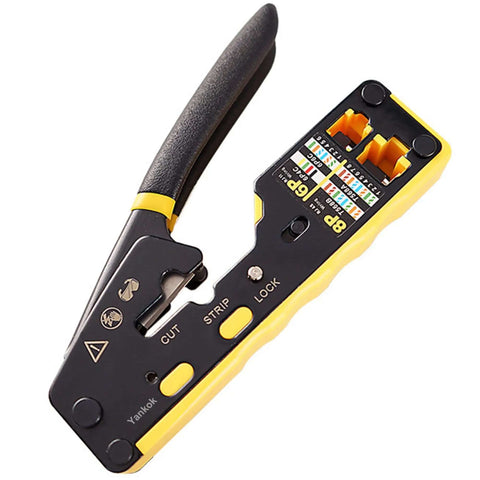 Pro Grade Pass Through Crimping Tool For RJ45 RJ12 RJ11 Connectors with yellow handles and pass-thru blade, side view