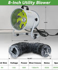 8 Inch Utility Blower Exhaust Fan Built Tough With 16.4 Ft Duct Hose 2800 RPM High Speed Low Noise Ventilation Fan For Industrial Welding Paint Booths Basements And Warehouses Delivers 1300m3h Airflow