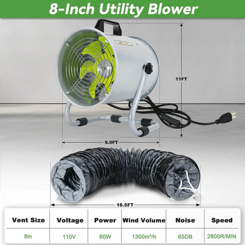 8 Inch Utility Blower Exhaust Fan Built Tough With 16.4 Ft Duct Hose 2800 RPM High Speed Low Noise Ventilation Fan For Industrial Welding Paint Booths Basements And Warehouses Delivers 1300m3h Airflow