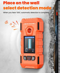 6-in-1 Stud Finder Wall Scanner, Electronic Wall Detector in bright orange, showcasing detection mode on a wall.