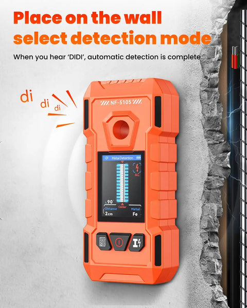 6-in-1 Stud Finder Wall Scanner, Electronic Wall Detector in bright orange, showcasing detection mode on a wall.