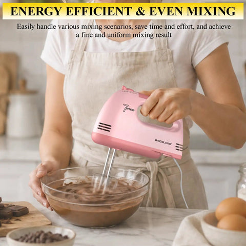 Heavy Duty Pink Hand Mixer With Seven Speed Settings And Five Durable Stainless Steel Attachments Including Flat Beaters Dough Hooks And A Balloon Whisk Plus Secure Storing Case For Nailing Every Bake And Weekend Kitchen Champs in use mixing chocolate batter.