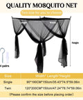 Diagram of 4 Corner Black Bed Canopy Curtains With Mosquito Net For Single Twin Full Size Beds, dimensions labeled by size.