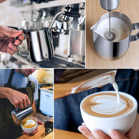 20oz Stainless Steel Milk Frothing Pitcher With Latte Art Pen For Home Espresso Machines And Coffee Bars in use, showing frothing and pouring milk into lattes.