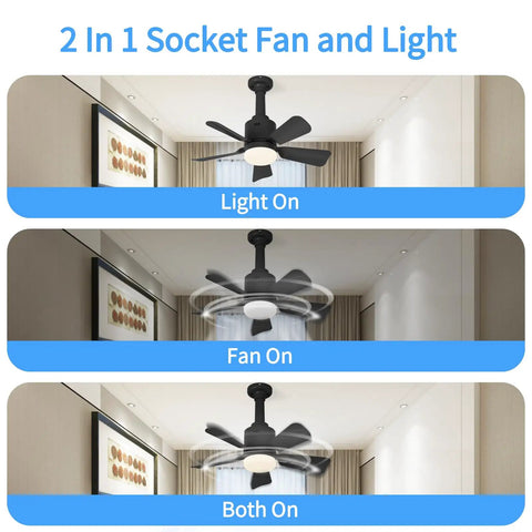 2-In-1 Socket Fan Light With Remote And App, 17.7 Inch Ceiling Fan With Socket Extender, 3 Color LED Bulbs, installed in room