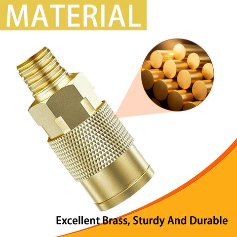 Close-up of brass coupler from One Fourth Inch NPT 3 Way Air Manifold Kit With Brass Couplers And Air Hose Connectors Workhorse Splitter.