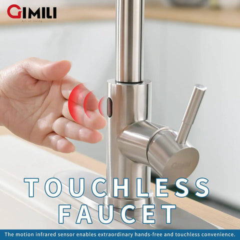 Hand touching motion sensor on hands free touchless kitchen faucet with pull down sprayer, single handle, brushed nickel finish