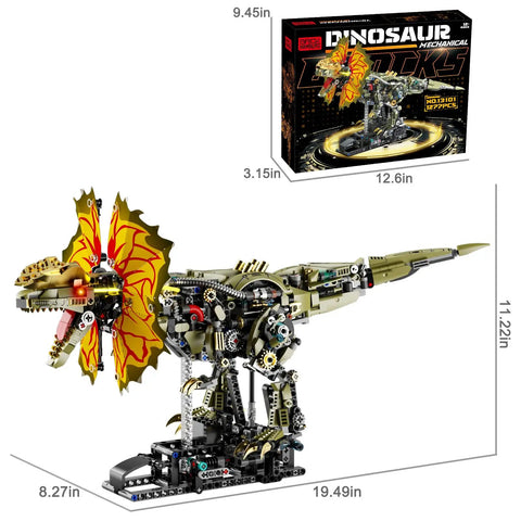 Totally Mechanical Dino Building Kit With LED Light And Movable Gears Display Stand 1277 Pieces For Teens And Adults Cyberpunk Biomechanical Dilophosaurus Model, 19.49in display