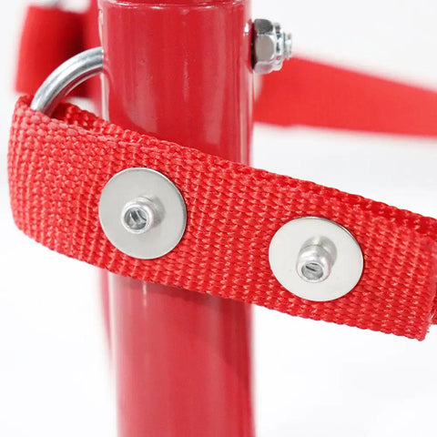 Close-up of Emergency Portable Fire Ladder For Homes And Apartments, 2 Story Safety Stair With Anti Slip Rungs and red straps