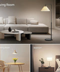 Dimly lit living room with A19 LED Light Bulb 60W Equivalent, 8.5W 4000K Cool White, 840 Lumens standing lamp next to sofa.
