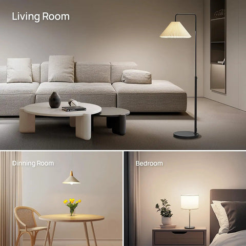 Dimly lit living room with A19 LED Light Bulb 60W Equivalent, 8.5W 4000K Cool White, 840 Lumens standing lamp next to sofa.