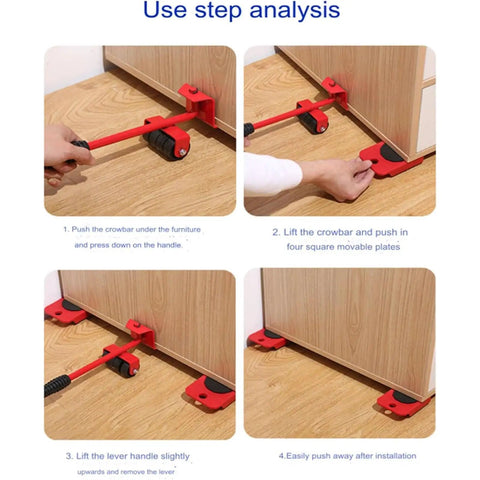 Heavy Duty Furniture Lifter With Non Slip Pads And Four Smooth Rollers For Effortless Moving in four step usage guide.