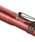 Ultra Compact EDC LED Flashlight With 45 Lumens And 420 Candela, AAA Battery Powered, pocket clip, red, side angle view