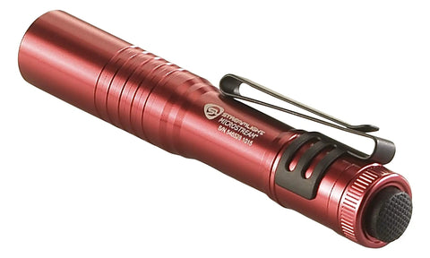 Ultra Compact EDC LED Flashlight With 45 Lumens And 420 Candela, AAA Battery Powered, pocket clip, red, side angle view