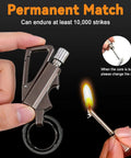Two Pack All In One Permanent Match Lighter With Multitool Keychain Bottle Opener Reusable Waterproof Strike Anywhere Outdoor Survival Gear For Men And Women held in hand with flame.