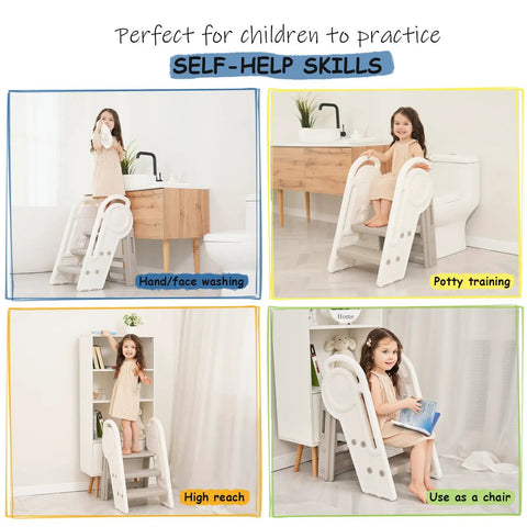 Hassle Free Three Step Bathroom Stool For Toddlers With Adjustable Handlebars, multi-use for hand washing and potty training.