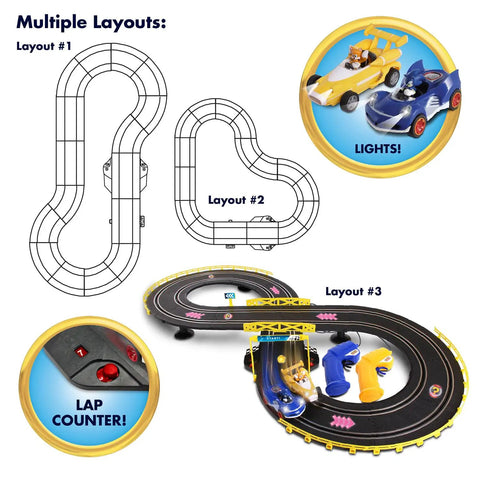 Sonic And Tails RC Slot Car Set On Figure Eight Track With Working Lights, Lap Counter, 16 Track Pieces, Layout Options