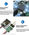 Close-up of intelligent chipset and high frequency resistance of Beefy 20 To 90V DC To 12V Buck Converter for golf carts and cars.