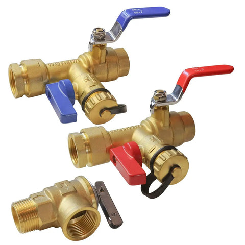Three Quarters Inch IPS Isolator Tankless Water Heater Service Valve Kit with Pressure Relief Valve, red and blue handles.