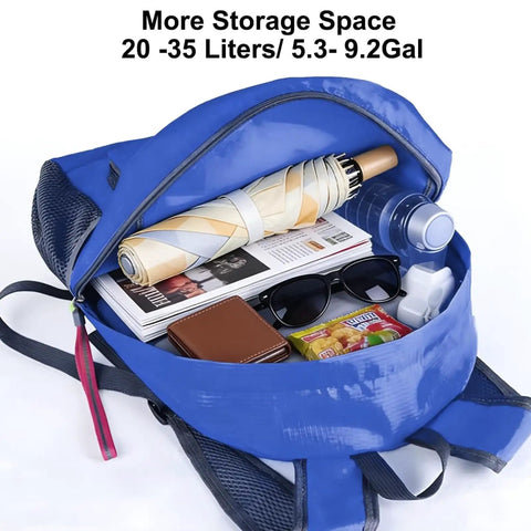 Open royal blue backpack showing contents, part of Two-Pack Lightweight Foldable Backpack Set Water-Resistant Packable 20L.