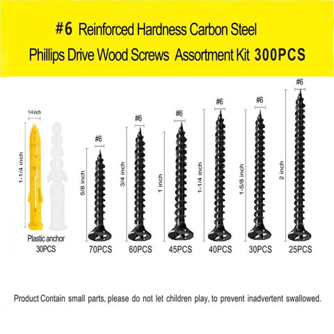 Wood Screw Set With Phillips Flat Head Self Tapping Screws, Size 6, Deck And Cabinet Screws, Five Eighths To Two Inches, 300 Pieces, Black Oxide Coated, Great For Drywall And DIY Fastening Projects