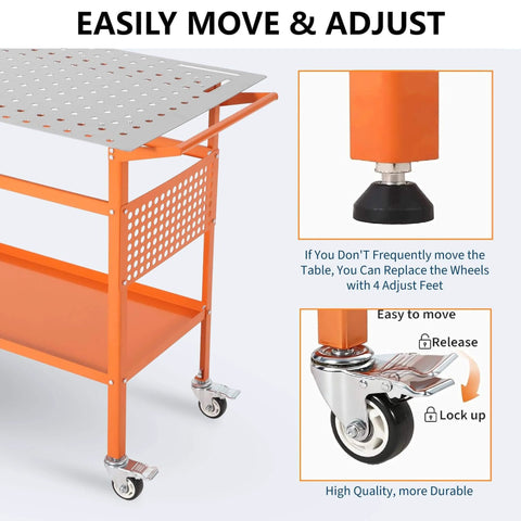 Rugged 36 Inch By 24 Inch Welding Table With 800 Pound Capacity Portable Welding Workbench On Wheels Two Brake Wheels And Four Adjustable Feet Side Hanging Board For Quick Access Tools Ideal For Garage Workshop