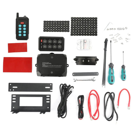 8 Gang Switch Panel With Wireless Remote And RGB Backlit Multifunction Toggle components and accessories layout.