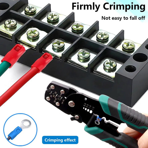 200 Pcs Insulated Ring Terminals Assortment Set With 12 Sizes M3 M4 M5 M6 22-16 AWG 16-14 AWG 12-10 AWG Crimp Connectors shown with crimping tool and wires.