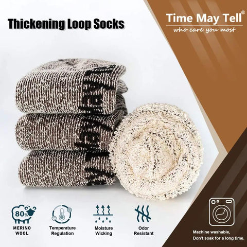 Merino Wool Hiking Cushion Socks For Men, Thermal Warm Crew Socks stacked, thick terry loop padding, brown color, pack of 2 pairs