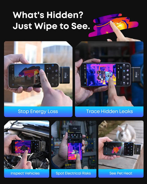 Dual Lens Android Thermal Camera With IR Eraser in various use cases like energy loss, hidden leaks, vehicle inspection, and pet heat detection.