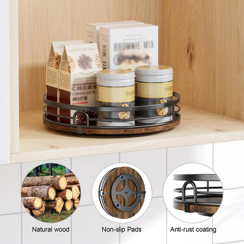 9 Inch Lazy Susan Turntable Organizer For Cabinet And Countertop Round Wood Spinning Shelf holding spice bottles and box