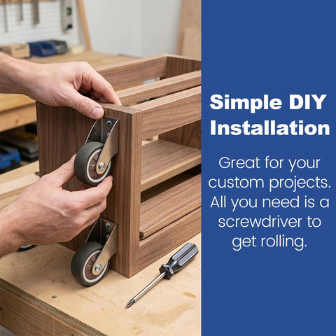 Hands installing Two Inch Low Profile Door Support Wheels, Anti Sag Caster Rollers For Solid Wood Doors And Gates on a wooden frame.