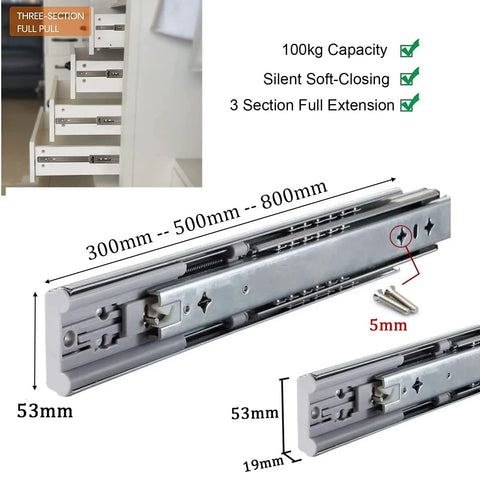 Beefy Heavy Duty Soft Close Cabinet Drawer Slides Pair Full Extension Ball Bearing Telescoping Rails Smooth Quiet Glide Heavy Hitter Hardware 100kg Capacity Cold Rolled Steel For Home Use Sizes From 14 Inches To 32 Inches Set Nails The Job, 500mm slide