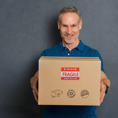 Man holding a box with Fragile Red Shipping Labels With High Visibility And Strong Adhesive on front.