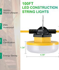 100 Ft LED Construction String Lights with 150W Total Power, close-up view with weatherproof casing and bulb dimensions
