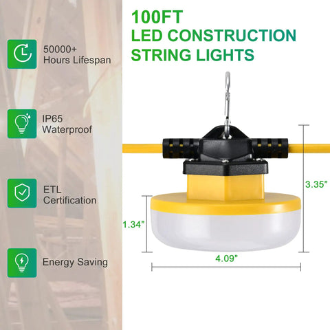 100 Ft LED Construction String Lights with 150W Total Power, close-up view with weatherproof casing and bulb dimensions