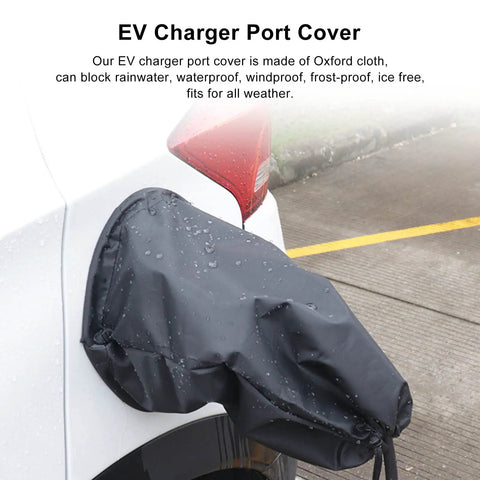 Hella Solid EV Charger Port Cover With A Super Snug Magnetic Seal And A Lightweight Foldable Shape To Keep Your Electric Cord Dry And Fully Shielded From Gnarly Weather Outdoors on a car with water droplets.