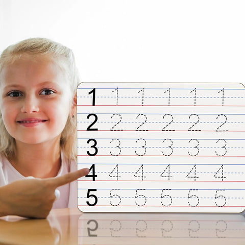 Child holding 32 Pack Double Sided Mini Whiteboards 9x12 Inch With Lined Surfaces For Kids Students Teachers And Classrooms The Handy Dry Erase Boards For Math And English Practice Reusable And Great For On The Go Learning, lined side visible.
