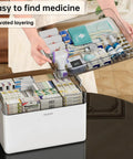 Must Have Three Tier Medicine Organizer With Leather Handle Portable Cabinet For Pills And First Aid Supplies For Home Storage Keeps Meds Neat And Accessible Great For Countertop Or Nightstand showing elevated layers and contents