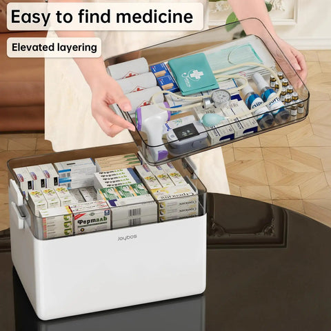 Must Have Three Tier Medicine Organizer With Leather Handle Portable Cabinet For Pills And First Aid Supplies For Home Storage Keeps Meds Neat And Accessible Great For Countertop Or Nightstand showing elevated layers and contents
