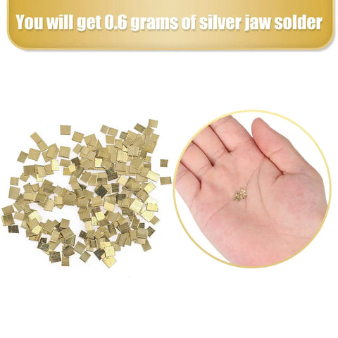 Gold-Plated Alloy Solder Chips 1x1mm, 0.5g Pack (About 200 Pieces) With 2% Gold displayed with hand for size reference