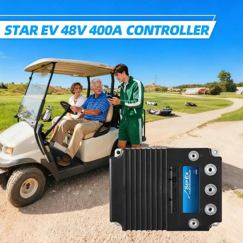 Top Shelf 48Volt 400 Amp Golf Cart Speed Controller Plug And Play Motor Driver Replacement Direct Fit 2016 Plus Star Ev Electric Golf Carts Straight Swap No Hassle Smooth Ride Setup with golf cart and people.