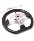 Close-up of a black and silver steering wheel for 32 Inch Rear Axle Kit For Go Karts And Drift Trikes With 6 Inch Wheel Tires Brake Assembly And Steering Rack For DIY Build Of ATVs Quads Golf Carts Drift Trikes And Electric Vehicles, showing dimensions marked in red.