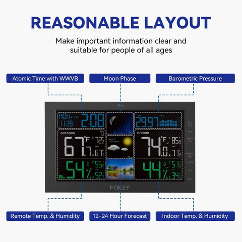 All In One Weather Station With Wireless Indoor Outdoor Thermometer And Atomic Clock Large 7.6 Inch Color Display