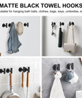 Matte Black Towel Hooks 4 Pack For Bathrooms Screw In Wall Mounted Stainless Steel Towel Hangers with various items hanging