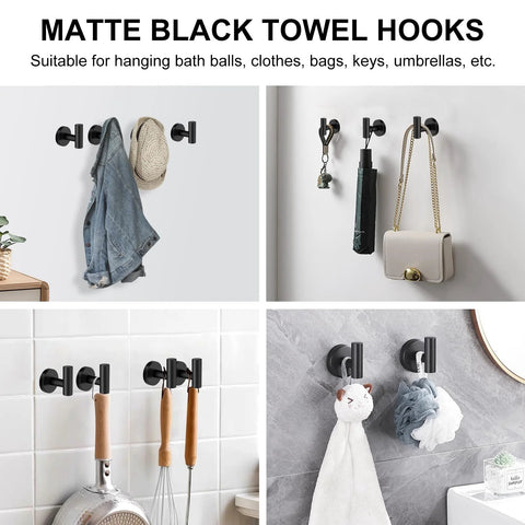 Matte Black Towel Hooks 4 Pack For Bathrooms Screw In Wall Mounted Stainless Steel Towel Hangers with various items hanging