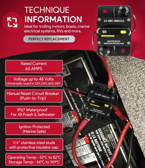 Image of a 60 Amp Waterproof Circuit Breaker For All 12V To 48V Electric Trolling Motors MKR-27, marine-grade with manual reset.